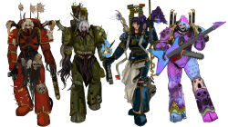  4girls absurdres adeptus_astartes armor black_hair black_sclera blue_armor body_horror bolt_pistol breastplate chainsaw_guitar chaos_(warhammer) chaos_space_marine claws colored_sclera eight-pointed_star emperor&#039;s_children extra_arms extra_eyes extra_mouth flayed_skin genderswap_(mtf) green_armor guitar highres holding holding_staff horns instrument khorne_(cult) kkghost_tv leg_armor multiple_girls noise_marines pauldrons pink_armor pink_hair power_armor psyker red_armor red_eyes rule_63 scarab scroll shoulder_armor slaanesh_(cult) spiked_armor staff tentacle_arm tentacle_mouth thousand_sons tzeentch_(cult) warhammer_40k white_background white_hair 