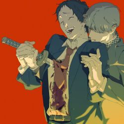  2boys adachi_tooru belt belt_buckle black_jacket blood blood_on_clothes blood_on_face buckle closed_eyes dress_shirt grey_hair grey_jacket hand_on_another&#039;s_hand holding holding_hands holding_sword holding_weapon houndstooth impaled jacket katana lapels laughing layered_sleeves long_sleeves male_focus multiple_boys narukami_yuu necktie nosebleed open_clothes open_jacket open_mouth persona persona_4 red_background red_necktie shirt short_hair simple_background sword teeth upper_body upper_teeth_only violence weapon xxts002xv 