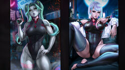  2girls absurd_res absurdres bangs bare_arms bare_shoulders bare_skin bare_thighs big_breasts black_clothes black_clothing black_leotard body_markings breasts busty cd_projekt_red child_bearing_hips city_background clothed clothed_female clothing cybernetics cyberpunk:_edgerunners cyberpunk_2077 dandon_fuga feet female female_focus female_only firearm green_hair green_pupils grey_skin gun hand_on_hip hand_on_own_hip handgun high_resolution highres hips holding_gun holding_pistol holding_weapon human jacket large_breasts large_filesize legs leotard lucyna_kushinada moon moonlight night on_chair open_legs pale_skin pistol rebecca_(edgerunners) red_eyes shiny_hair short_hair silver_hair sitting sitting_down sitting_on_chair solo solo_female solo_focus standing stirrup_legwear stirrups studio_trigger thick_thighs thighs twintails very_high_resolution weapon white_clothing white_jacket 