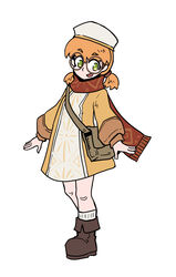  1girls boots circle_glasses cleric_girl_(juztplay) exposed_thighs eyebrows_visible_through_hair glasses green_eyes hat hi_res high_quality juztplay leather_boots long_socks looking_at_viewer neckwear open_hands open_mouth orange_hair ponytails safe safe_for_work scarf sfw thighs white_background 