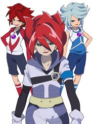  3boys blue_eyes blue_legwear blue_shorts bodysuit commentary_request green_eyes hand_on_own_hip hidakarumen inazuma_eleven inazuma_eleven_(series) kiyama_hiroto kneehighs long_sleeves male_focus md5_mismatch multiple_boys nagumo_haruya open_mouth popped_collar red_hair red_legwear short_sleeves shorts simple_background smile soccer_uniform socks sportswear standing suzuno_fuusuke walking white_background white_hair yellow_eyes 