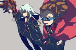  3boys brown_eyes brown_hair cape closed_mouth commentary_request crossed_arms dreadlocks eyepatch genda_koujirou goggles grey_background grey_hair hidakarumen inazuma_eleven inazuma_eleven_(series) kidou_yuuto long_hair long_sleeves multiple_boys open_mouth red_cape sakuma_jirou simple_background uniform 