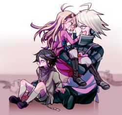  2boys ahoge android apron blonde_hair blue_eyes boots buttons checkered_scarf danganronpa female goggles goggles_on_head group hands happy iruma_miu keebo lolicon long_hair matching_hair/eyes mecha multiple_boys new_danganronpa_v3 ouma_kokichi pink_shirt power_frame purple_eyes purple_hair rio_grande_kawa robot scarf school_uniform serafuku shirt shoes short_hair shorts silver_hair skirt socks straitjacket trio uniform white_shirt 