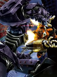  bad_id bad_pixiv_id battle big_duo big_o_(mecha) clenched_hand commentary_request foreshortening glowing glowing_eyes highres mecha no_humans platin_(alios) robot super_robot the_big_o thrusters 