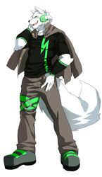  absurd_res anthro belt black_clothing black_shirt black_topwear canid canine canis clothed clothing domestic_dog electronics fully_clothed fur green_eyes headphones hi_res kenn looking_at_viewer male mammal microphone muscular muscular_anthro muscular_male sero_tsugumine shirt simple_background solo standing topwear white_background white_body white_fur wolf wristband 