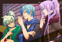  3boys blue_hair collar glasses isamine_kaito kagamine_len kagura_gakupo kaito kamui_gakupo magane_len male male_focus multiple_boys purple_hair smoking vocaloid white_hair 