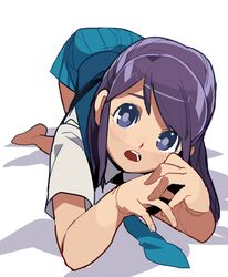  all_fours barefoot blue_necktie blue_skirt commentary_request female foreshortening hands hidakarumen inazuma_eleven inazuma_eleven_(series) kudou_fuyuka long_hair looking_at_viewer necktie open_mouth purple_eyes purple_hair school_uniform shirt short_sleeves skirt solo white_shirt 