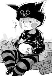  1boy belly danganronpa hat horned_headwear hoshi_ryouma jacket midriff monochrome new_danganronpa_v3 shirt shoes short_hair striped striped_pants suurin_(ksyaro) 