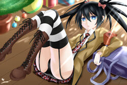  absurdres armband ass black_hair black_panties black_rock_shooter black_rock_shooter_(character) black_rock_shooter_(game) blue_eyes boots brown_footwear cameltoe christmas_ornaments christmas_tree commentary cross-laced_footwear english_commentary female garter_straps gift highres jacket knee_boots lace-up_boots lying nez-box on_back panties plaid plaid_skirt skirt solo stella_(black_rock_shooter) striped_clothes striped_thighhighs thighhighs twintails underwear 