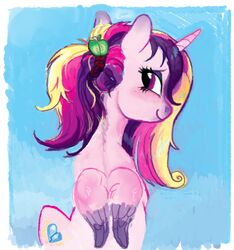  2017 accessory alicorn blonde_hair blue_background cutie_mark digital_media_(artwork) equid equine feathered_wings feathers female feral friendship_is_magic fur hair hair_accessory hairband hasbro horn looking_back mammal multicolored_hair my_little_pony mythological_creature mythological_equine mythology pink_body pink_fur pink_hair princess_cadance_(mlp) purple_eyes purple_hair rear_view simple_background smile solo spectralunicorn sponsz wings 