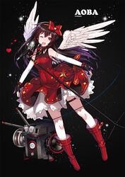  ;o aoba_(warship_girls_r) argyle belt black_background black_gloves blush boots bow bowtie braid brown_hair buttons cannon character_name commentary_request detached_sleeves double-breasted dress earrings feathered_wings female fingerless_gloves full_body gloves gradient_hair hair_ornament hair_ribbon hairband hairbow heart jewelry lace lace-trimmed_dress lace_trim legs_apart lens_flare long_hair microphone microphone_stand multicolored_hair official_art one_eye_closed outstretched_arms photoshop_(medium) purple_hair red_bow red_bowtie red_dress red_eyes red_footwear red_hair red_ribbon ribbon ribbon-trimmed_sleeves ribbon_trim shi-chen simple_background sleeveless sleeveless_dress solo sparkle speaker string thigh_strap treble_clef twin_braids warship_girls_r white_wings wings wrist_cuffs 