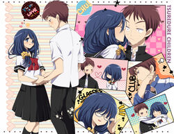  1boy blue_hair brown_hair commentary_request couple female glasses gouda_takeru heart heart_of_string jacket janirotluvx jitome kamine_ayaka kissing kissing_cheek long_hair scarf school_uniform scrunchie serafuku shared_clothes shared_scarf short_hair skirt straight sweat track_jacket tsurezure_children 