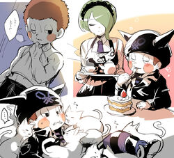  1boy apron bangs black_dress black_gloves blush brown_hair buttons cake closed_eyes cup danganronpa dress duo eating eyebrows feline female food fork gloves green_hair hair_over_one_eye hat headdress hoshi_ryouma jacket maid maid_headdress necktie new_danganronpa_v3 pants shirt short_hair side_bangs smile suurin_(ksyaro) sweat tail tie toujou_kirumi white_shirt 