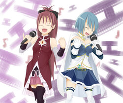  2girls blue_hair cape commentary_request long_hair magical_girl mahou_shoujo_madoka_magica mahou_shoujo_madoka_magica_(anime) miki_sayaka miki_sayaka_(magical_girl) multiple_girls music nanashi_(futaba) partial_commentary ponytail red_hair sakura_kyoko sakura_kyoko_(magical_girl) short_hair short_twintails singing strapless thighhighs twintails white_cape 