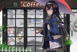  3girls :3 ahoge akagi_(warship_girls_r) aoba_(warship_girls_r) bag battleship black_hair black_legwear black_skirt black_vest blush braid bush cafe ceiling character_name charm_(object) checkered commentary_request cup door drinking_glass english_text feline fence floral_print fringe_trim glass glint grey_shirt hair_ribbon hairband half_updo hat head_wreath holding holding_cup holding_umbrella hood hood_down hooded_jacket jacket jewelry lamp lens_flare light long_hair long_sleeves looking_at_viewer menu_board military military_vehicle miniskirt model multiple_girls name_tag official_art open_mouth original painting_(object) pantyhose photo_(object) photoshop_(medium) picture_frame pink_hair plaid plaid_scarf pleated_skirt red_ribbon ribbon ring scarf shi-chen ship shirt shoulder_bag sitting skirt sparkle star_(symbol) sticker storefront table taihou_(warship_girls_r) thighhighs tree twin_braids twintails umbrella vest walking warship warship_girls_r watercraft white_ribbon wooden_fence 