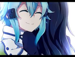  1boy aqua_hair black_hair closed_eyes commentary_request female kirito kirito_(sao-ggo) letterboxed long_hair ringomaru scarf short_hair sinon sword_art_online 