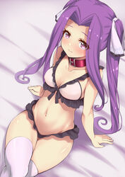  aged_down arm_at_side arm_support bare_arms bare_shoulders bed_sheet blush bra breasts cleavage closed_mouth collar collarbone commentary_request crossed_legs eyelashes fate/grand_order fate_(series) female fingernails frilled_bra frills from_above groin hair_intakes hair_ribbon highres long_hair looking_at_viewer medium_breasts medusa_(fate) medusa_(lancer)_(fate) medusa_(lancer)_(final_ascension)_(fate) navel no_panties official_alternate_costume piano-alice purple_hair purple_thighhighs red_collar ribbon shiny_clothes shiny_skin sidelocks sitting solo stomach thigh_gap thighhighs twintails underwear white_bra white_thighhighs 