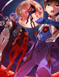  0731sa 2boys 4girls animal_hat ayanami_rei bident blue_eyes blue_hair bodysuit brown_hair cat_hat commentary_request dual_persona evangelion:_3.0_you_can_(not)_redo eyepatch full_moon grey_hair hat highres ikari_shinji interface_headset jacket lance_of_longinus_(evangelion) long_hair moon multiple_boys multiple_girls nagisa_kaworu neon_genesis_evangelion open_mouth plugsuit polearm rebuild_of_evangelion red_eyes red_moon short_hair souryuu_asuka_langley track_jacket weapon white_bodysuit 