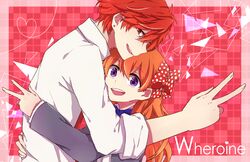  1boy bow commentary_request female gekkan_shoujo_nozaki-kun hairbow heart heart_of_string hug mikoshiba_mikoto open_mouth orange_hair polka_dot polka_dot_bow purple_eyes red_eyes red_hair ringomaru sakura_chiyo smile v 