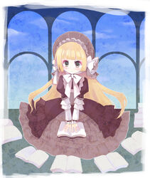  bonnet book commentary english_commentary female gosick konatsu_miyu lolita_fashion long_hair sitting solo victorica_de_blois 