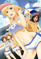  4girls absurdres blonde_hair blue_eyes blush breasts brown_hair cleavage cloud day flat_chest fujii_yui futsuu_no_joshikousei_ga_locodol_yattemita green_eyes hat highres kohinata_yukari long_hair megami_magazine mikoze_yui multiple_girls nazukari_mirai non-web_source official_art open_mouth outdoors parasol race_queen shorts sky umbrella uogokoro-kun usami_nanako very_long_hair 