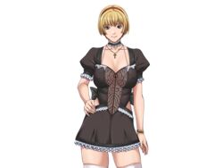  blonde_hair blue_eyes breasts choker cross cross_necklace dress female female game_cg hairband hand_on_hip highres large_breasts legs looking_at_viewer mamiya_marisa sei_shoujo short_hair simple_background skirt solo standing starless thighs transparent_background white_background white_legwear will_(company) zettai_ryouiki 