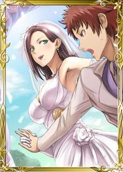  1boy avan_hardins breasts bridal_veil brown_eyes brown_hair cleavage day dress earrings elbow_gloves female gloves green_eyes holding_hands interlocked_fingers jewelry long_hair lowres mole mole_under_eye outdoors senjou_no_valkyria_(series) senjou_no_valkyria_2 short_hair sleeveless sleeveless_dress sofia_collins tea_(nakenashi) veil wedding_dress white_dress white_gloves 