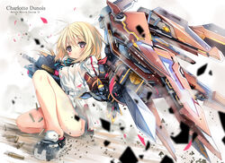  blonde_hair blush breasts charlotte_dunois commentary_request female gun infinite_stratos legs md5_mismatch mecha_musume medium_breasts military military_uniform photoshop_(medium) purple_eyes rafale_revive_custom_ii shell_casing shino_(eefy) solo uniform weapon 