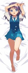  arms_up barefoot bed_sheet blue_necktie blue_skirt blue_vest commentary_request dakimakura_(medium) feet female full_body hidakarumen inazuma_eleven inazuma_eleven_(series) kudou_fuyuka legs long_hair looking_at_viewer lying necktie on_back open_mouth purple_eyes purple_hair school_uniform shirt short_sleeves skirt solo vest white_shirt 