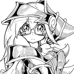  bare_shoulders bitadoro blush blush_stickers breasts choker cleavage commentary_request dark_magician_girl duel_monster female glasses greyscale hat highres large_breasts long_hair monochrome pentacle solo wizard_hat yu-gi-oh! 