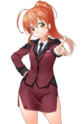  active_raid ahoge bad_id bad_pixiv_id blush commentary_request female formal hand_on_own_hip highres lips long_hair long_sleeves necktie onsoku_inu orange_hair pencil_skirt pointing ponytail side_slit skirt skirt_suit smile solo suit uniform yamabuki_rin yellow_eyes 