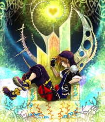  blue_eyes brown_hair hood hoodie kingdom_hearts short_jacket sora_(kingdom_hearts) throne 