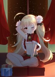  ;o ahoge arm_behind_head arm_support arm_up azur_lane bell blonde_hair blunt_bangs blush bow box capelet christmas commentary_request crossed_legs curtains eldridge_(azur_lane) eldridge_(holy_night&#039;s_embrace)_(azur_lane) female fur-trimmed_capelet fur_trim gift gift_box green_bow hair_ornament head_tilt indoors linhe_de_chuangzi long_hair looking_at_viewer night night_sky official_alternate_costume one_eye_closed parted_lips red_capelet red_eyes red_skirt sitting skirt sky solo star_(sky) starry_sky twintails very_long_hair 