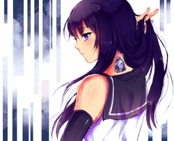  bad_id bad_pixiv_id bridal_gauntlets female from_behind gokukoku_no_brynhildr harnessed_(gokukoku_no_brynhildr) holding holding_own_hair kuroha_neko long_hair purple_eyes purple_hair sailor_collar sato_pero solo upper_body 