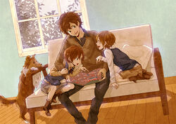  3boys ahoge animal ankle_boots arm_support axis_powers_hetalia black_pants black_shirt blue_vest book boots brothers brown_footwear brown_hair brown_shorts brown_sweater canine collared_shirt commentary_request couch cross-laced_clothes cross-laced_footwear cross-laced_legwear dutch_angle eye_contact grey_shorts hakase123 happy head_tilt indoors lace-up_boots leaning_forward leaning_on_person lolicon long_sleeves looking_at_another male_focus multiple_boys neck_ribbon northern_italy_(hetalia) open_book open_mouth pants photoshop_(medium) pillow pointing profile ribbed_legwear ribbon shirt shorts siblings sitting socks southern_italy_(hetalia) spain_(hetalia) sweater sweater_vest twins vest wall where&#039;s_wally white_legwear white_shirt window wooden_floor yellow_shirt 