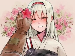  1boy blush commentary_request female floral_background flower gloves grey_hair hair_flower hair_ornament hairband hand_on_another&#039;s_head hinaki_eiji japanese_clothes kantai_collection long_hair muneate pov pov_hands shigemitsu_jun shoukaku_(kancolle) smile white_hair 