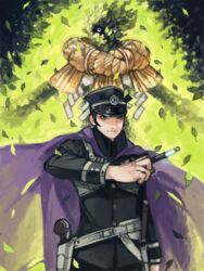  1boy black_hair cape devil_summoner fire green_fire gun hat holster knife kuzunoha_raidou peaked_cap tetu uniform weapon 