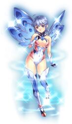  bare_shoulders blue_hair boots breasts brown_eyes ceilia_(sennen_sensou_aigis) center_opening cleavage fairy fairy_wings female full_body gloves hand_on_own_chest leotard looking_at_viewer medium_breasts official_art sennen_sensou_aigis skin_tight solo thigh_boots thighhighs transparent_background uchiu_kazuma wings 