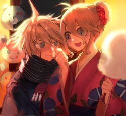  1boy ahoge android blonde_hair blue_eyes danganronpa duo female hair_bun happy iruma_miu keebo kimono long_hair mecha monokuma new_danganronpa_v3 open_mouth power_frame robot scarf short_hair silver_hair smile tied_hair 