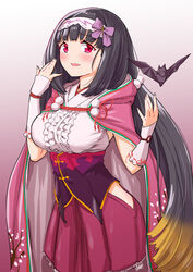  bat_(animal) black_hair blush breasts brown_hair commentary_request fate/grand_order fate_(series) female gradient_hair hairband highres large_breasts long_hair looking_at_viewer low_twintails multicolored_hair open_mouth origami osakabehime_(fate) purple_eyes smile solo takuji_yuusaku twintails very_long_hair 