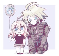  1boy ahoge android balloon black_shirt blonde_hair blue_eyes danganronpa duo female happy iruma_miu keebo lolicon long_hair mecha new_danganronpa_v3 ofuton power_frame robot shirt shoes short_hair silver_hair skirt smile socks 