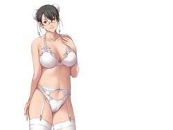  black_eyes black_hair bra breasts collarbone double_bun earrings female female game_cg garter_belt garter_straps glasses highres jewelry kimijima_yukari large_breasts legs looking_at_viewer navel panties sei_shoujo short_hair simple_background smile solo standing starless thighhighs thighs transparent_background underwear white_background will_(company) 