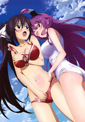  2girls ;d absurdres animal_ears ass ass_visible_through_thighs bikini bikini_pull blush breasts cleavage clothes_pull cloud covering_breasts covering_privates day dutch_angle fake_animal_ears from_below hair_between_eyes highres infinite_stratos kurashima_tomoyasu large_breasts long_hair medium_breasts multiple_girls navel nyantype official_art one-piece_swimsuit one_eye_closed open_mouth outdoors ponytail pulling_another&#039;s_clothes purple_eyes purple_hair rabbit_ears red_bikini scan school_swimsuit shinonono_houki shinonono_tabane siblings sisters sky smile swimsuit very_long_hair white_one-piece_swimsuit wristband 