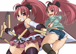  ass black_thighhighs boots bow casual commentary_request curvy detached_sleeves female food hairbow kawacchi_hirohiro long_hair magical_girl mahou_shoujo_madoka_magica mahou_shoujo_madoka_magica_(anime) oerba_yun_fang panties pantyshot pocky polearm ponytail red_eyes red_hair sakura_kyoko sakura_kyoko_(magical_girl) short_shorts shorts skirt thighhighs underwear weapon 