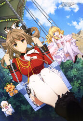  2girls absurdres aiguillette amagi_brilliant_park blonde_hair blue_eyes boots bow brown_eyes brown_hair cloud coat company_connection day frilled_legwear hairbow highres latifa_fleuranza legs macaron_(amaburi) megami_magazine moffle multiple_girls nakahara_kouhei non-web_source official_art one_eye_closed outdoors red_coat sento_isuzu sky thighhighs white_thighhighs zettai_ryouiki 