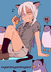  2boys animal_ears bad_id bad_pixiv_id bird cat_ears cat_tail ediblepanda eyepatch genda_koujirou grin inazuma_eleven inazuma_eleven_(series) male_focus multiple_boys penguin sakuma_jirou smile tail white_hair yellow_eyes 