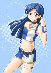  bare_shoulders belt blue_hair brown_eyes choker commentary_request cool_&amp;_sexy_(idolmaster) female garter_straps idolmaster idolmaster_(classic) kisaragi_chihaya long_hair midriff miniskirt navel skirt solo utomo 