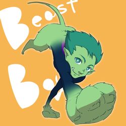  1boy beast_boy beast_boy_(dc) bodysuit character_name dc_comics fangs garfield_logan green_eyes green_hair green_skin kuraco male male_focus matching_hair/eyes pointy_ears simple_background solo tail teen_titans transformation 