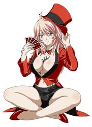  black_shorts breasts card cleavage collarbone female grey_eyes hat holding holding_card ikkitousen ikkitousen_eloquent_fist large_breasts looking_at_viewer navel red_hat shibai_chuutatsu shorts simple_background sitting smile solo tattoo white_background 