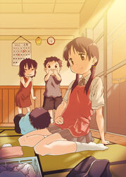  2boys 2girls apron black_hair calendar_(object) commentary_request ekakibito endou_michiko extra k-on! lolicon long_hair multiple_boys multiple_girls sakuragaoka_high_school_uniform school_uniform twintails 